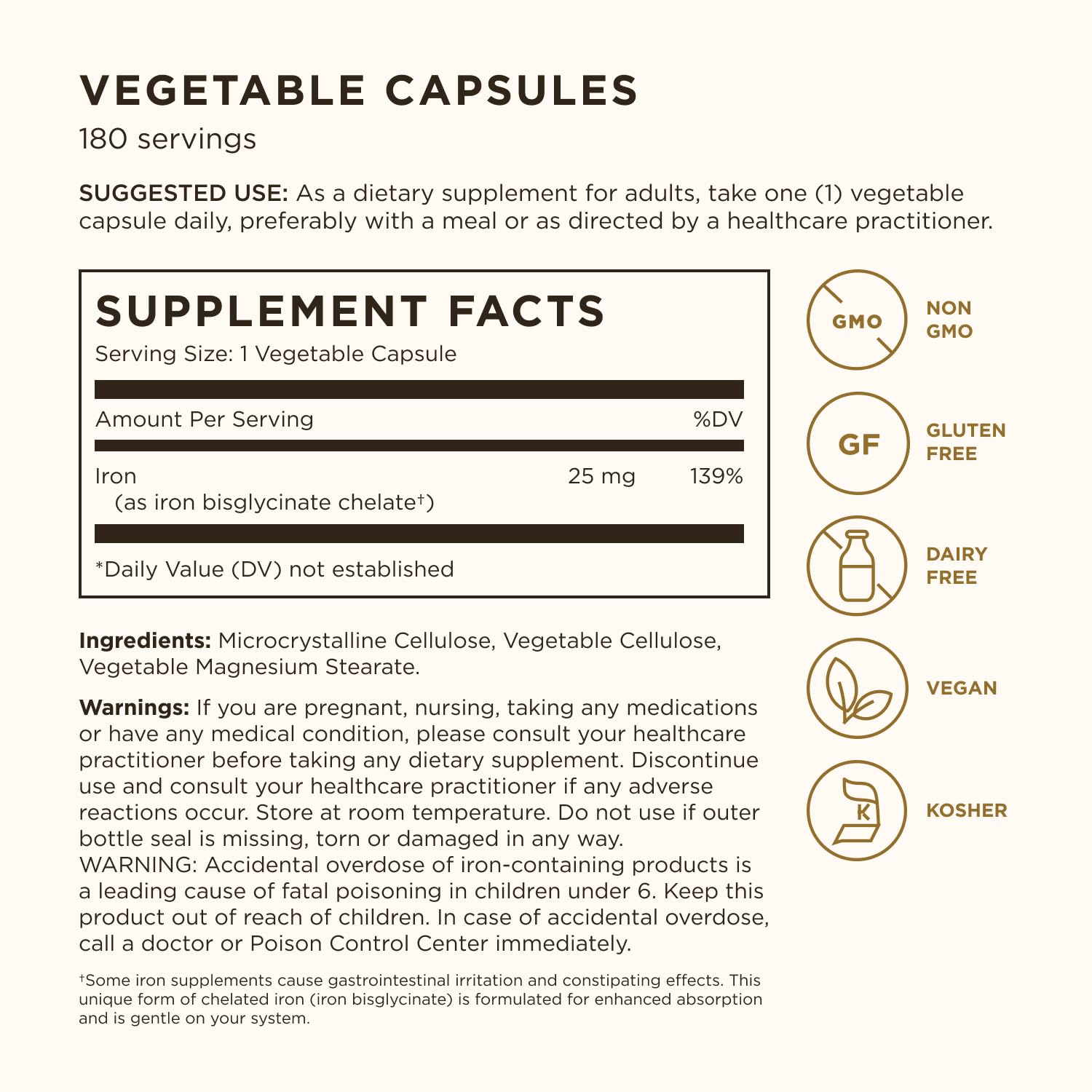 Back label of Solgar Gentle Iron 180 capsules displaying comprehensive nutritional information and clear usage instructions.