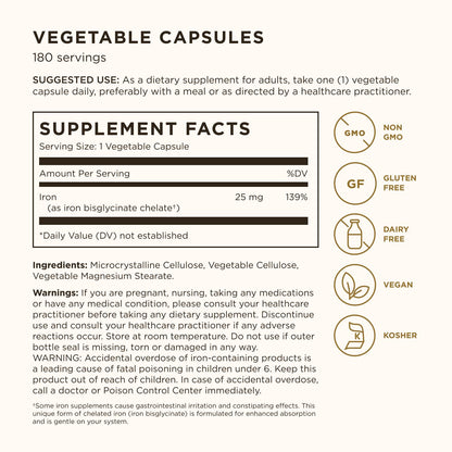 Back label of Solgar Gentle Iron 180 capsules displaying comprehensive nutritional information and clear usage instructions.