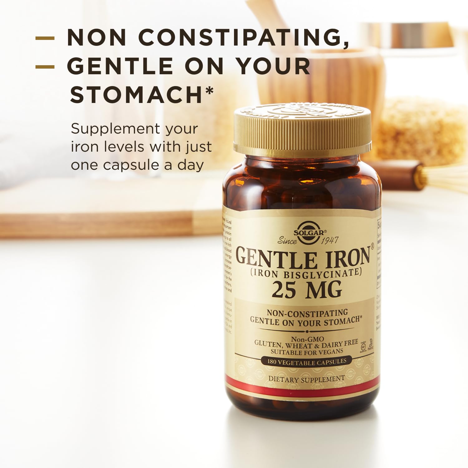 Close up shot of the authentic golden metal cap on the Solgar Gentle Iron dietary supplement container.