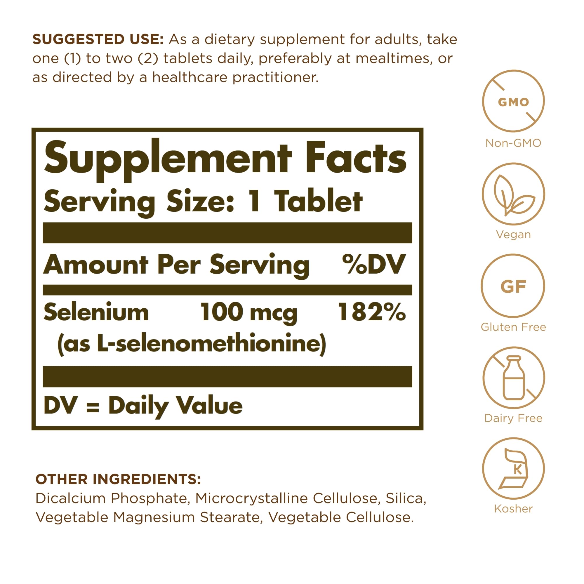 Side view of Solgar Selenium 100 micrograms packaging showing nutritional supplement facts and clean vegan ingredients.