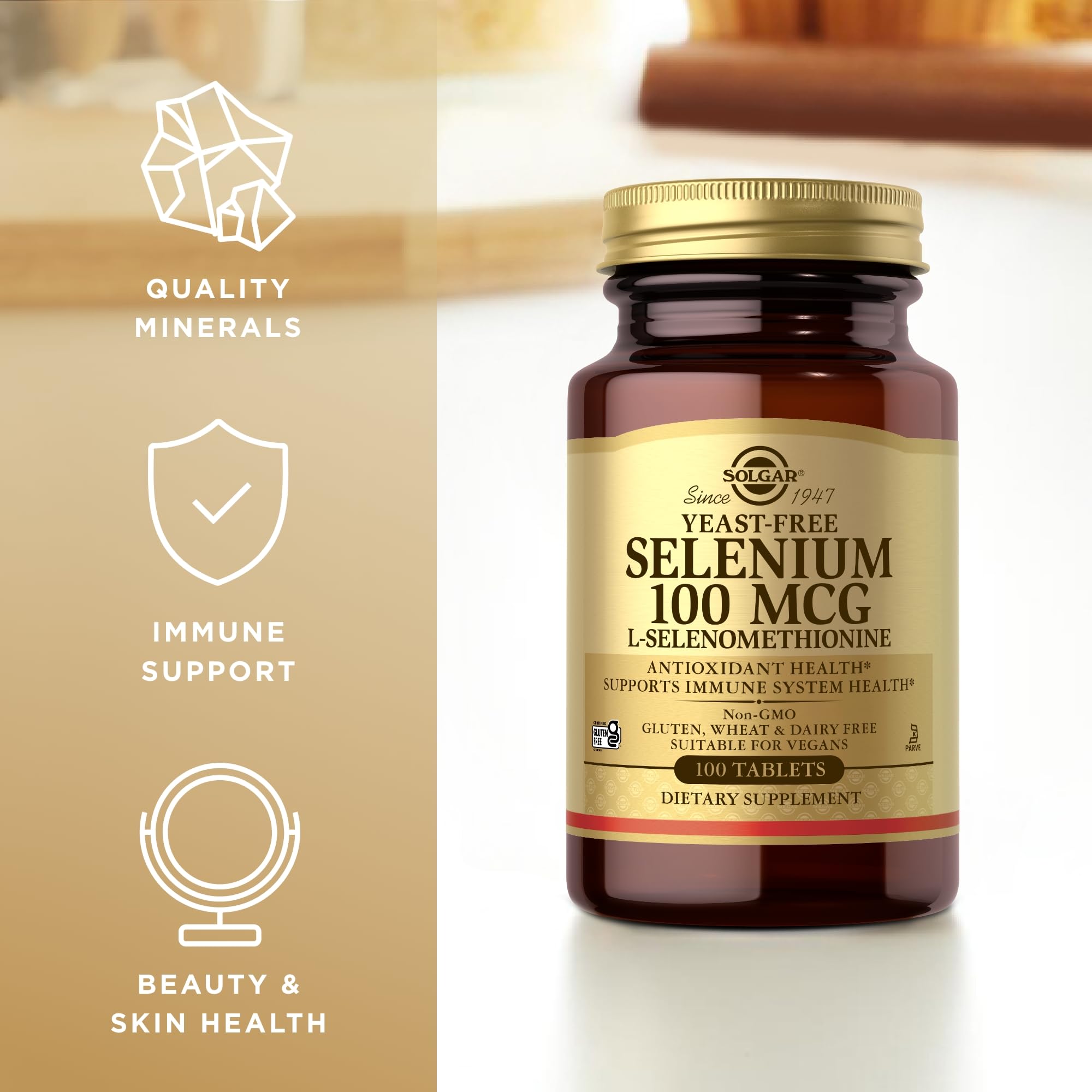 Close-up of the non-GMO and gluten-free certification labels on the Solgar Selenium 100 mcg bottle.