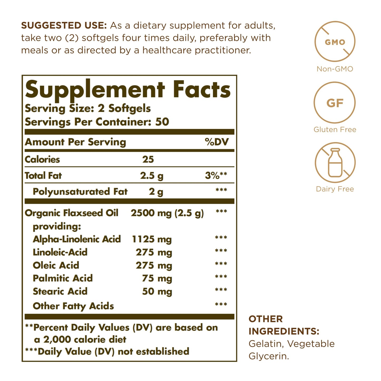Three amber glass bottles of Solgar cold pressed flaxseed oil supplement showcasing the multipack option.