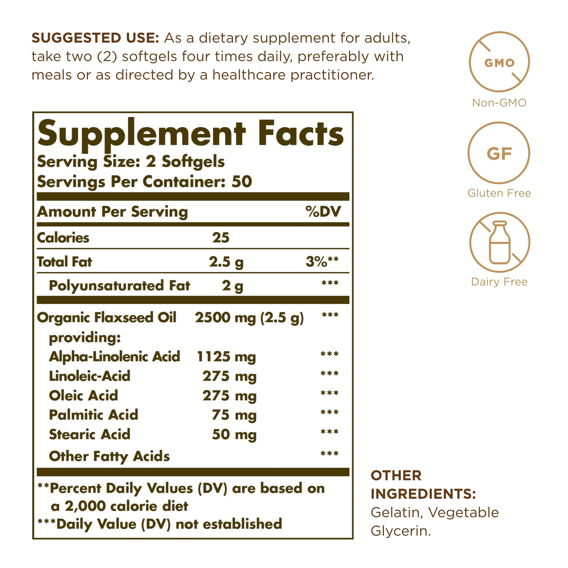 Three amber glass bottles of Solgar cold pressed flaxseed oil supplement showcasing the multipack option.