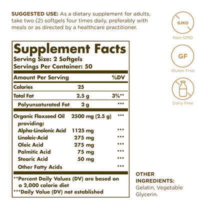 Three amber glass bottles of Solgar cold pressed flaxseed oil supplement showcasing the multipack option.