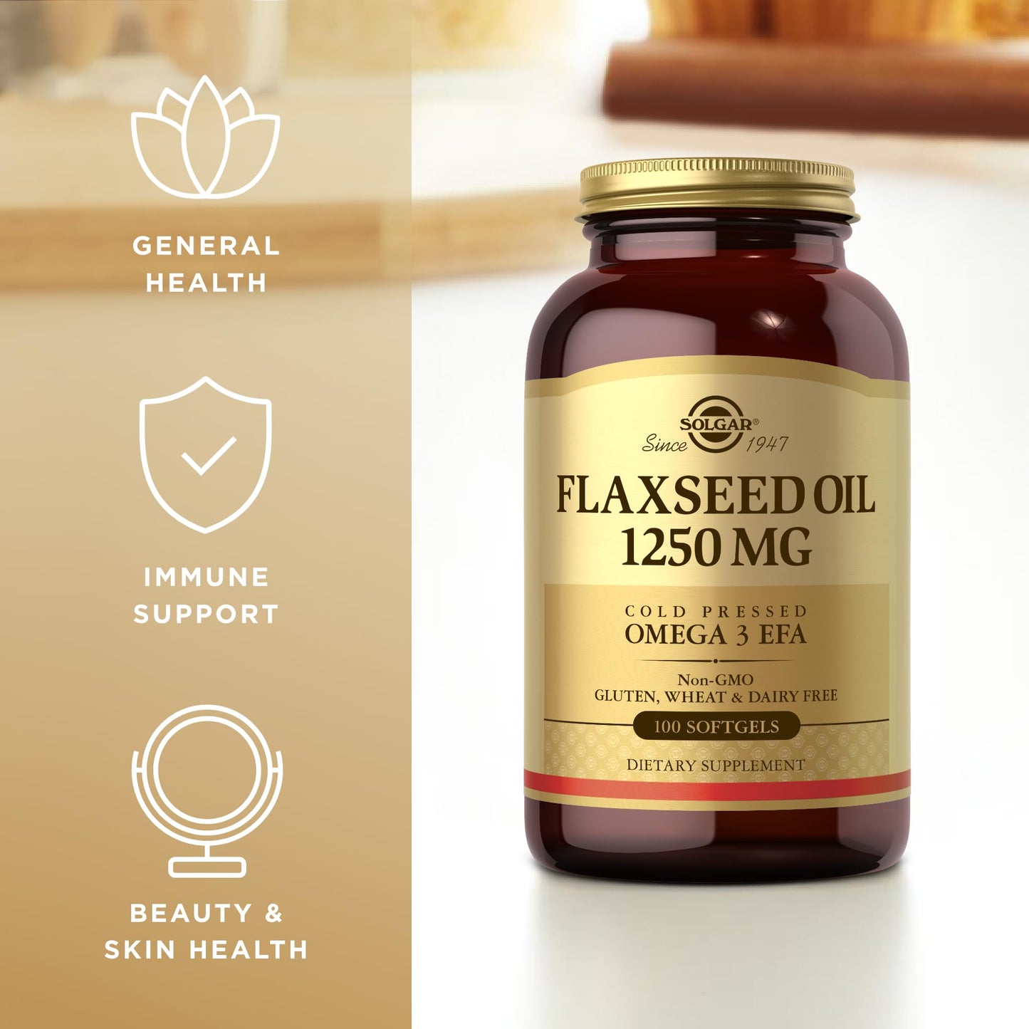 Solgar organic flaxseed oil softgels displayed alongside natural flaxseeds highlighting the pure botanical source.