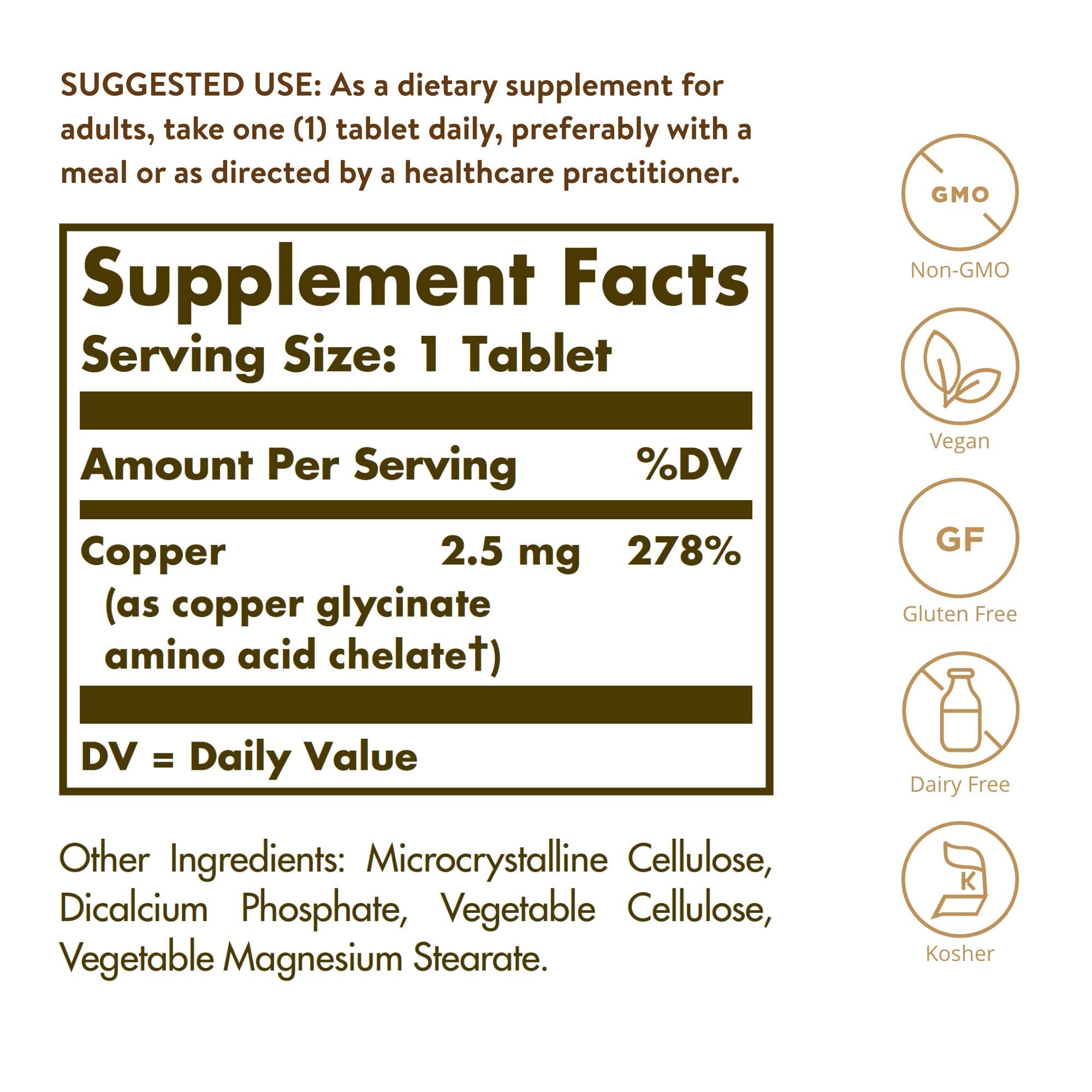 Solgar Chelated Copper dietary supplement label showing non-GMO and gluten-free certifications.