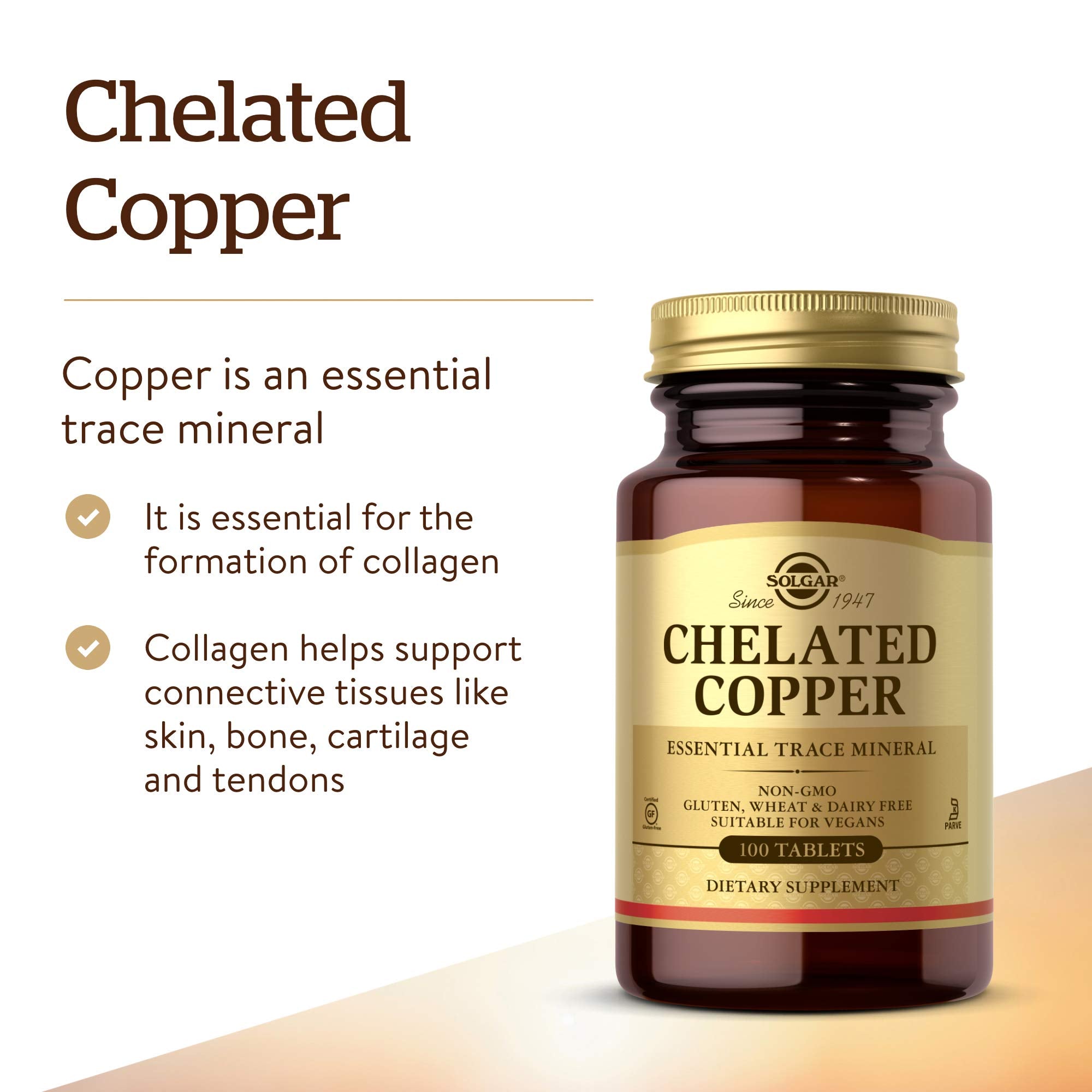 Authentic USA imported Solgar copper supplement bottle showcasing ingredient facts and daily values.