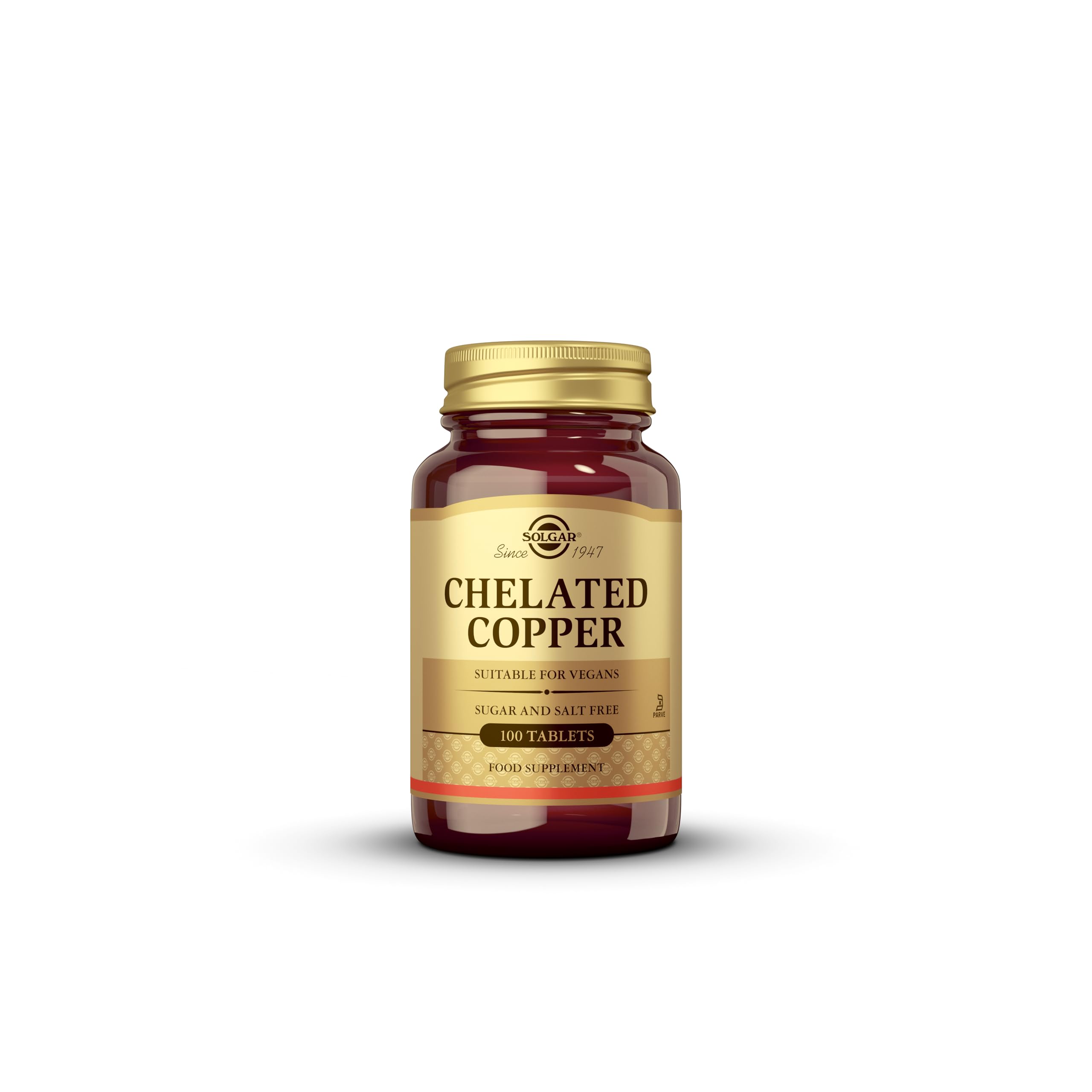 Side view of Solgar amino acid chelated copper tablets bottle highlighting collagen support benefits.