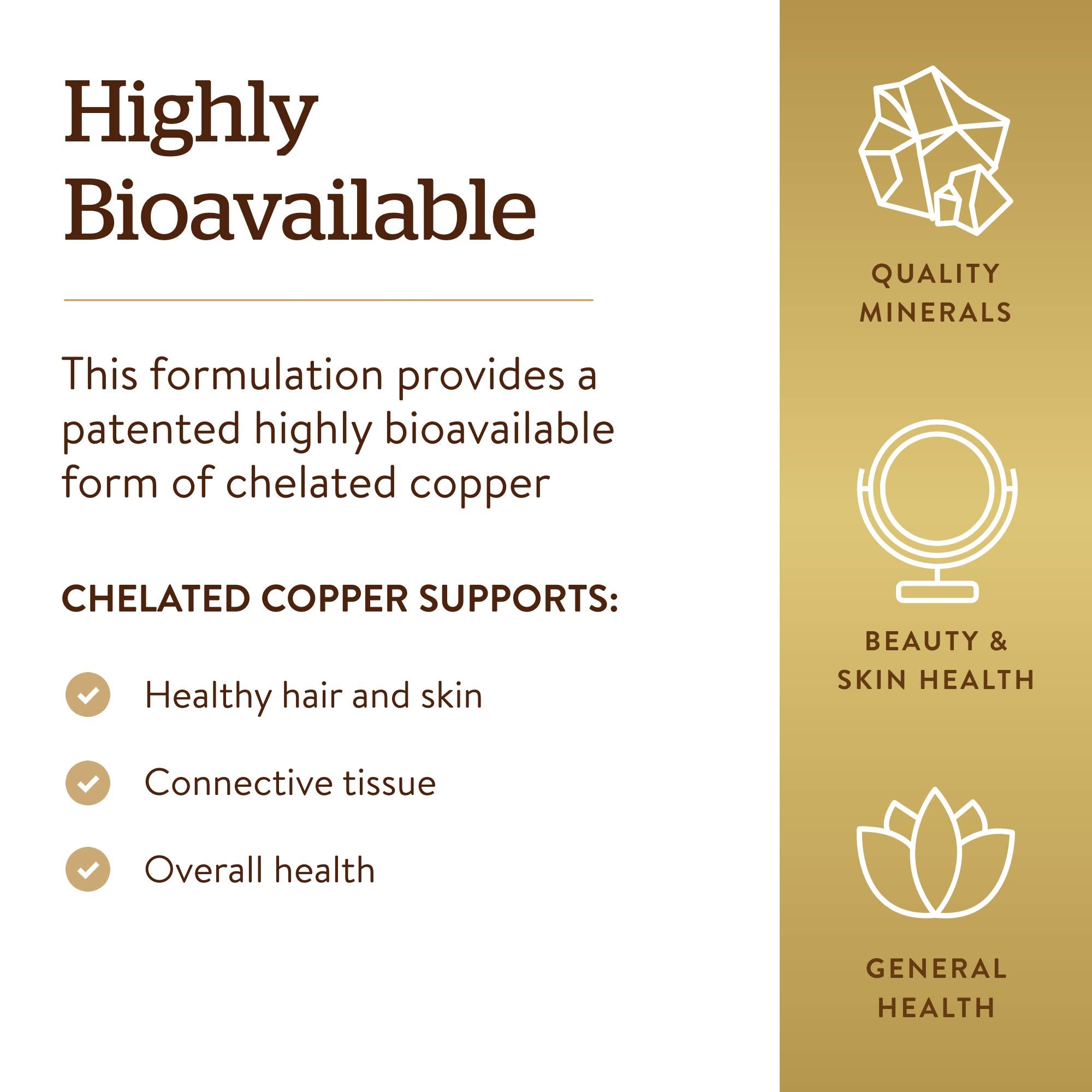 Solgar copper mineral tablets 100 count bottle displaying the vegan and kosher symbols clearly.
