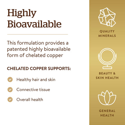 Solgar copper mineral tablets 100 count bottle displaying the vegan and kosher symbols clearly.