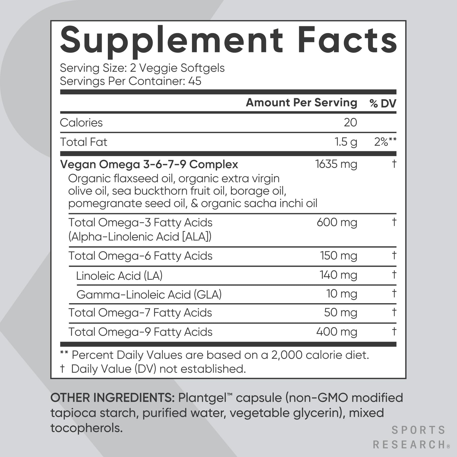 Sports Research Vegan Omega 3-6-7-9 bottle with softgels