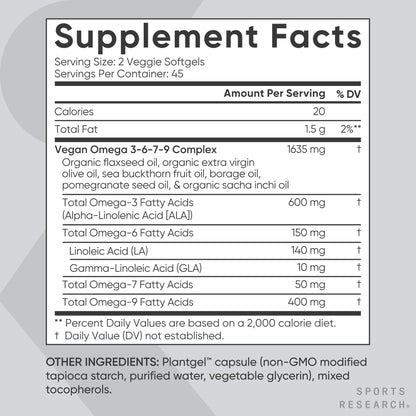 Sports Research Vegan Omega 3-6-7-9 bottle with softgels