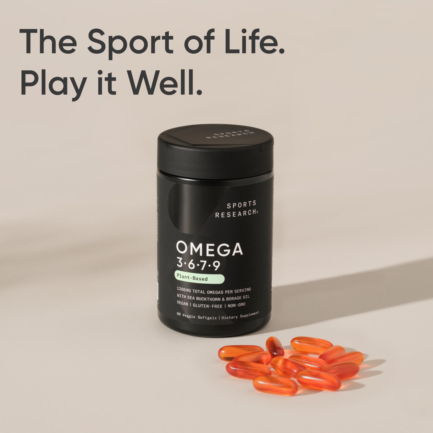 Sports Research Vegan Omega 3-6-7-9 premium dietary supplement bottle