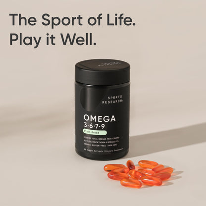 Sports Research Vegan Omega 3-6-7-9 premium dietary supplement bottle