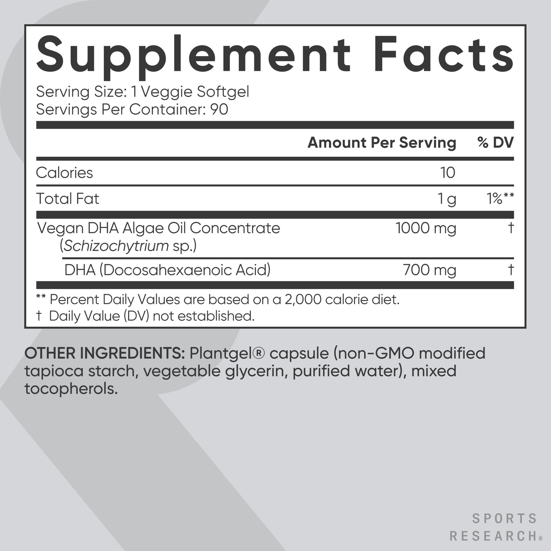 Sports Research authentic imported USA supplement bottle highlighting seven hundred milligrams DHA