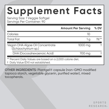 Sports Research authentic imported USA supplement bottle highlighting seven hundred milligrams DHA