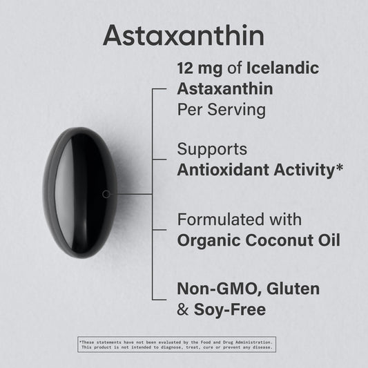Sports Research Astaxanthin 12mg packaging showing organic coconut oil infusion details.