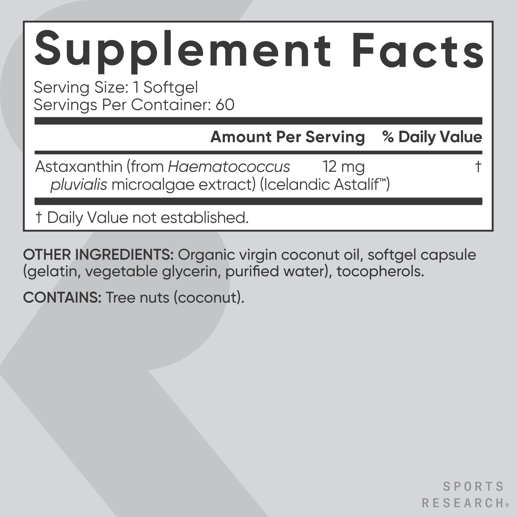 Side view of Sports Research Astaxanthin 60 softgels bottle displaying non GMO and gluten free logos.