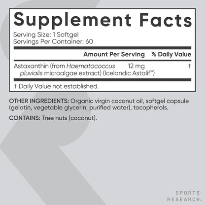 Side view of Sports Research Astaxanthin 60 softgels bottle displaying non GMO and gluten free logos.