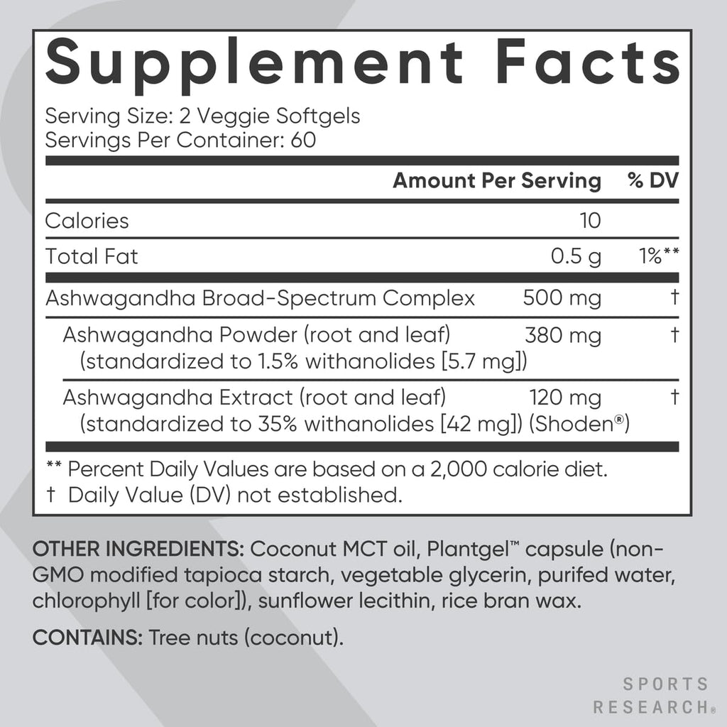 Gluten-free and vegan friendly ashwagandha softgels by Sports Research overview
