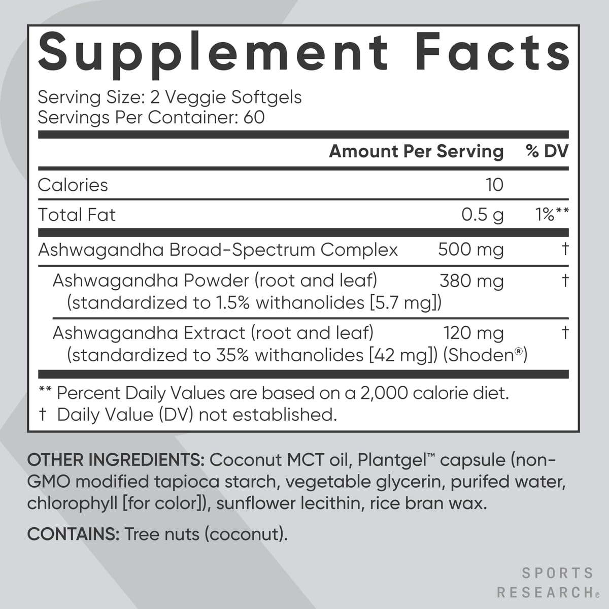 Gluten-free and vegan friendly ashwagandha softgels by Sports Research overview