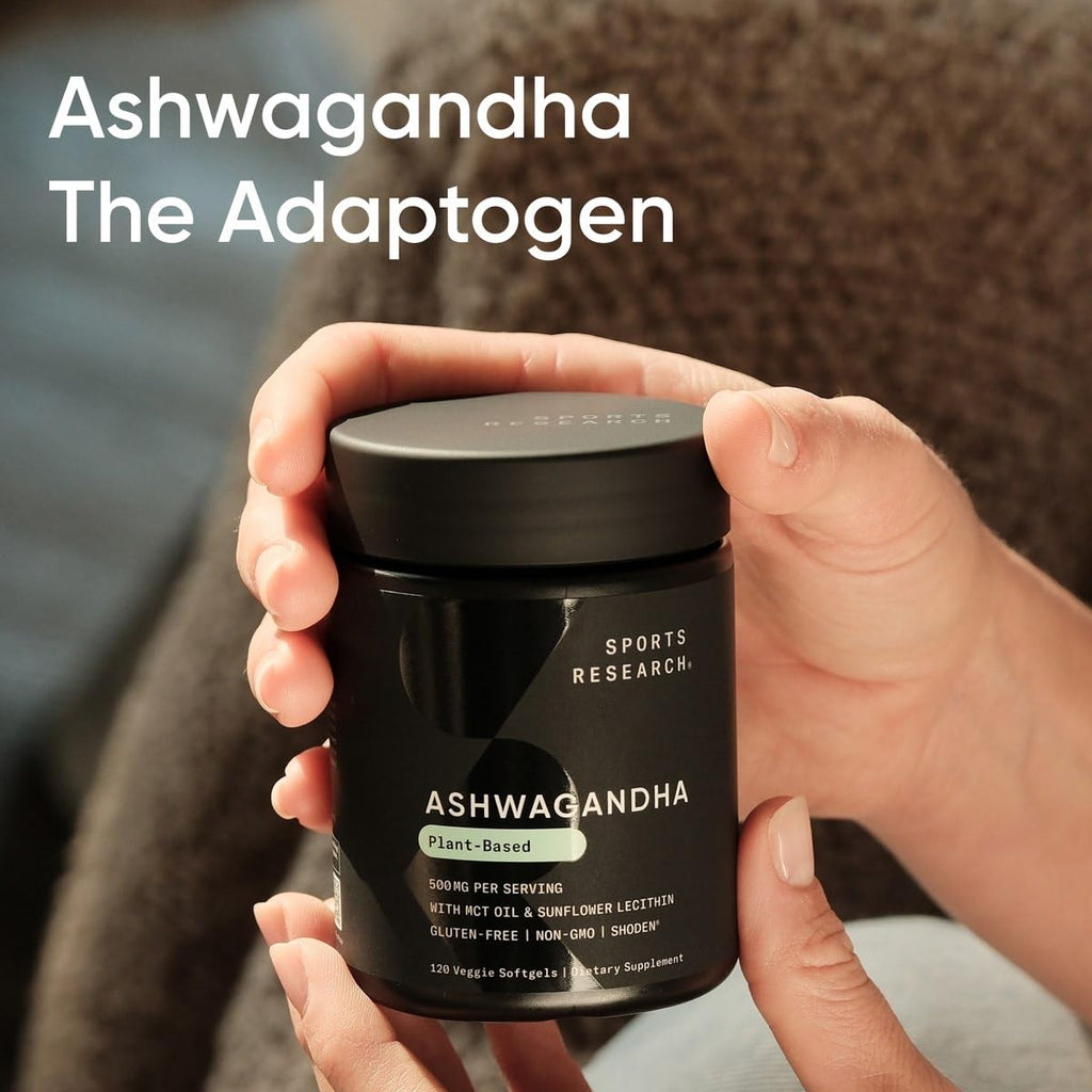 Sustainably sourced ashwagandha root and leaf extract dietary supplement container background