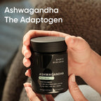 Sustainably sourced ashwagandha root and leaf extract dietary supplement container background