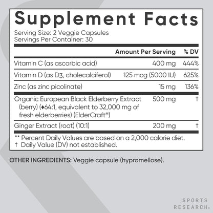 Close up of the easy to swallow veggie capsules from Sports Research daily immune support formula