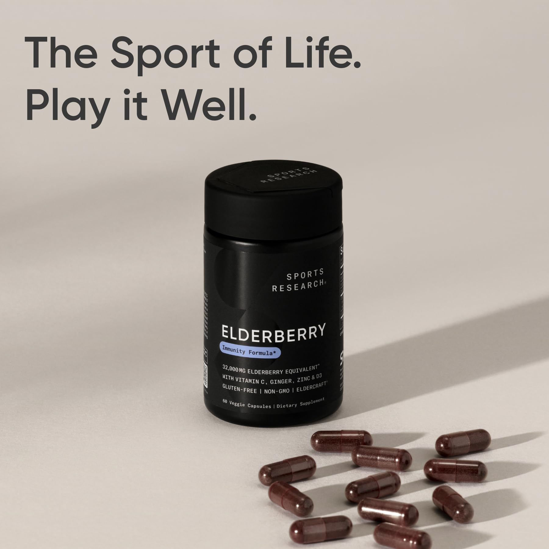 Authentic imported Sports Research Elderberry immunity capsules packaging showing sixty count supply
