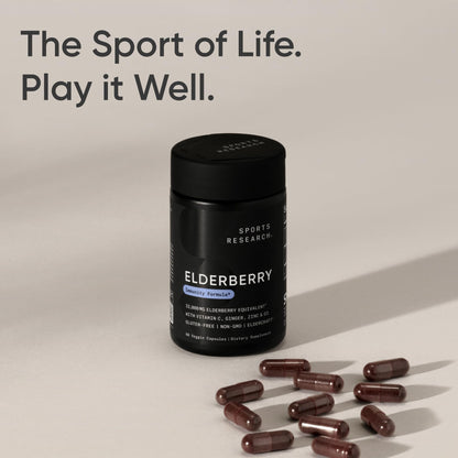 Authentic imported Sports Research Elderberry immunity capsules packaging showing sixty count supply