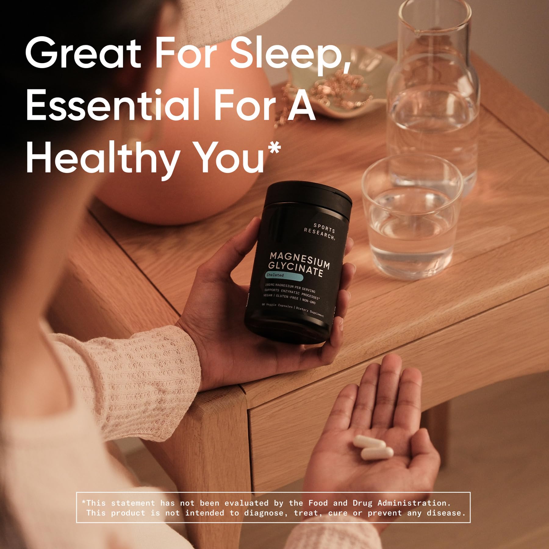 Sports Research magnesium glycinate supplement highlighting the 180 veggie capsules quantity label.