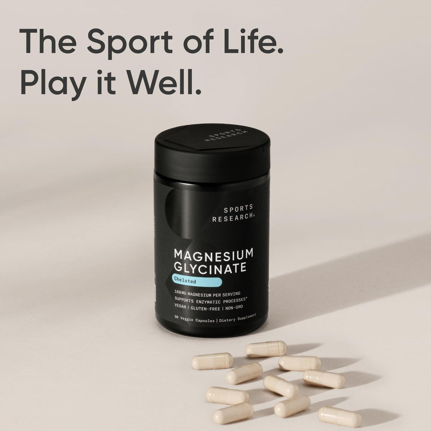 Authentic imported USA Sports Research chelated magnesium bottle showcasing product benefits.