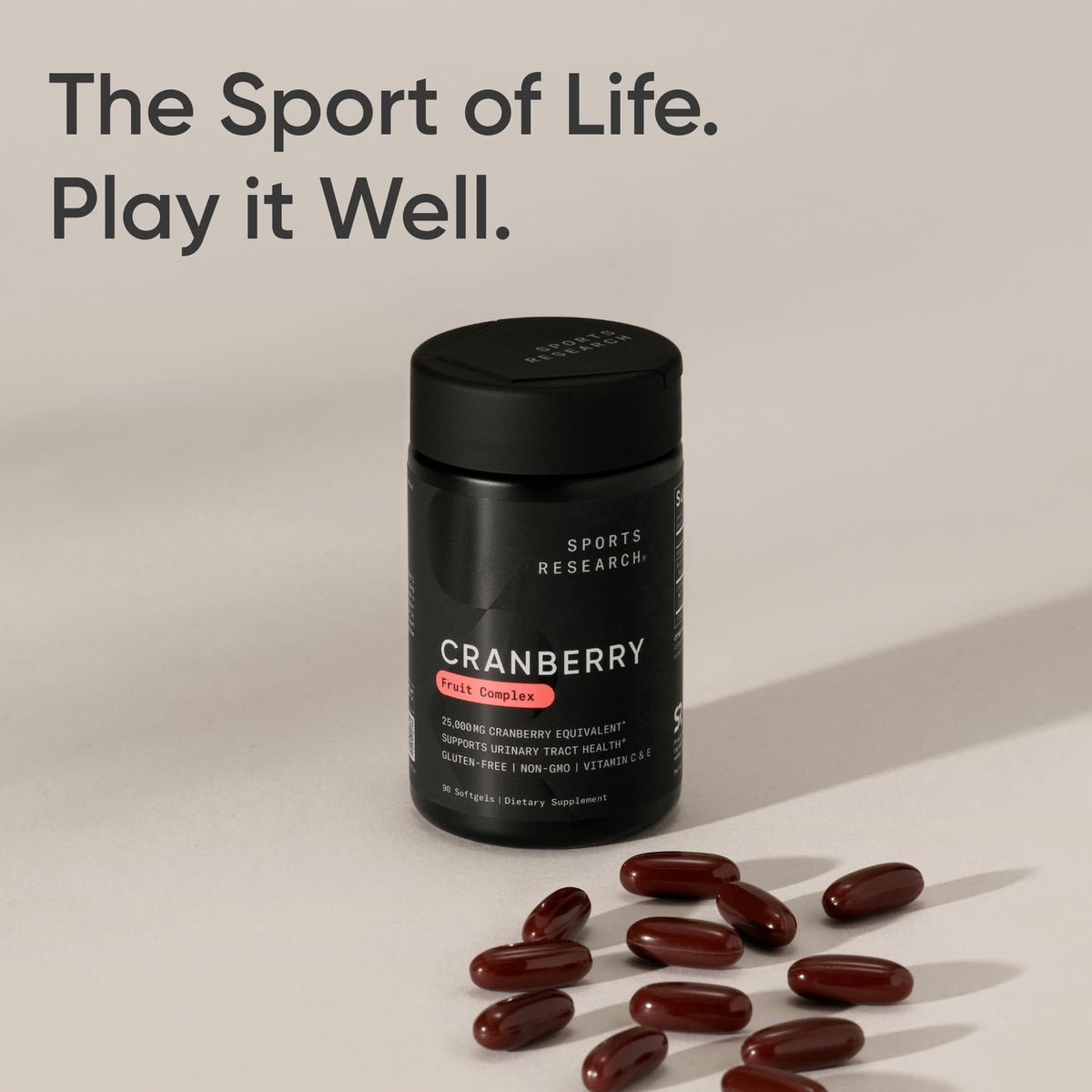 Sports Research Cranberry Fruit Complex non GMO and gluten free badges