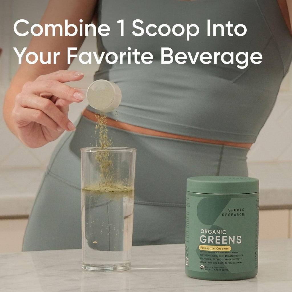 Sports Research Organic Greens Powder scoop showing fine texture for easy mixing