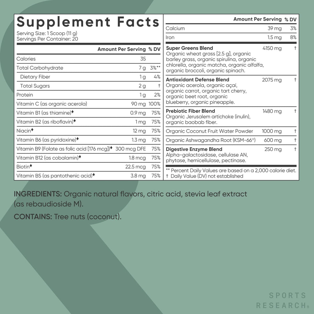 Sports Research Organic Greens powder packaging lifestyle shot with refreshing water