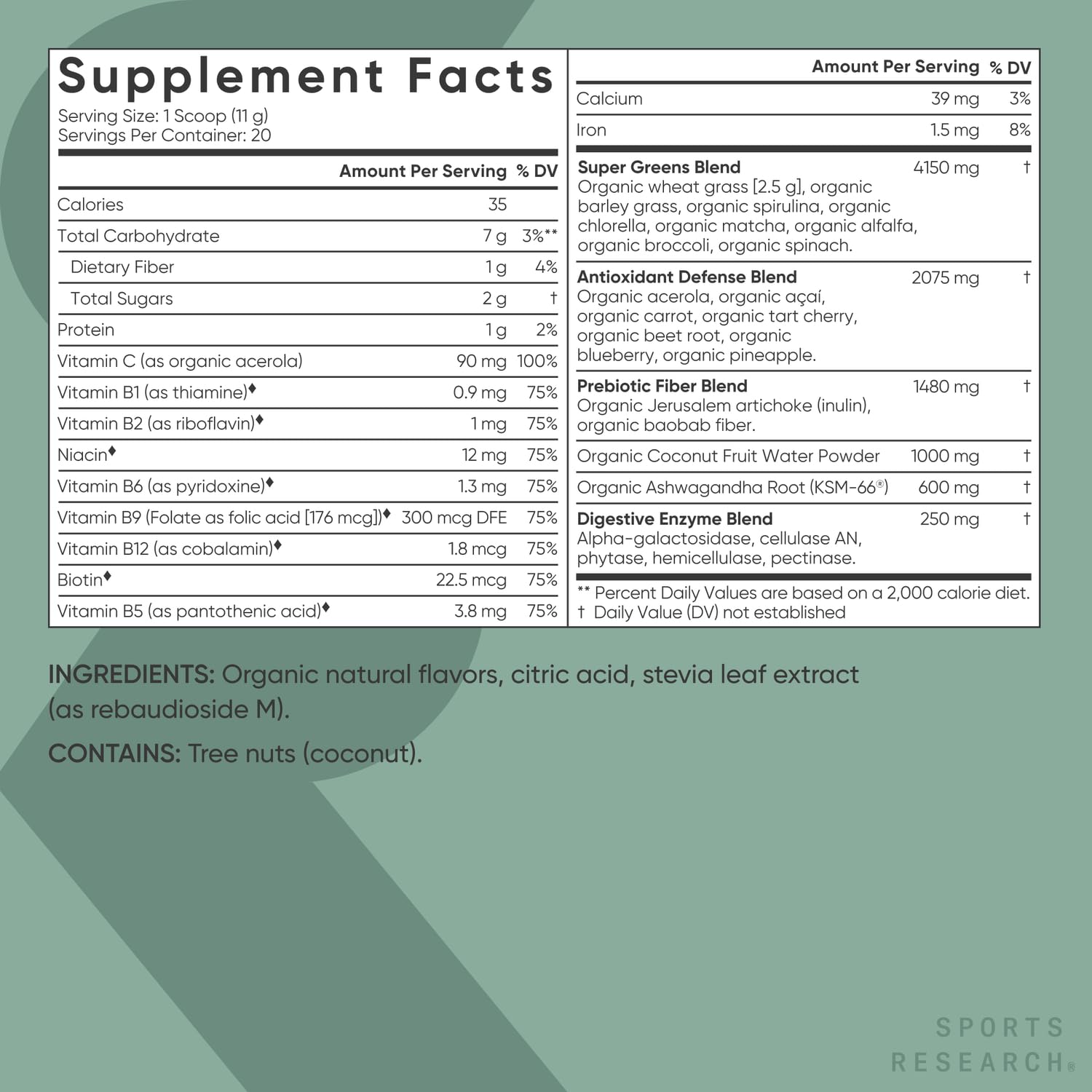 Sports Research Organic Greens powder packaging lifestyle shot with refreshing water