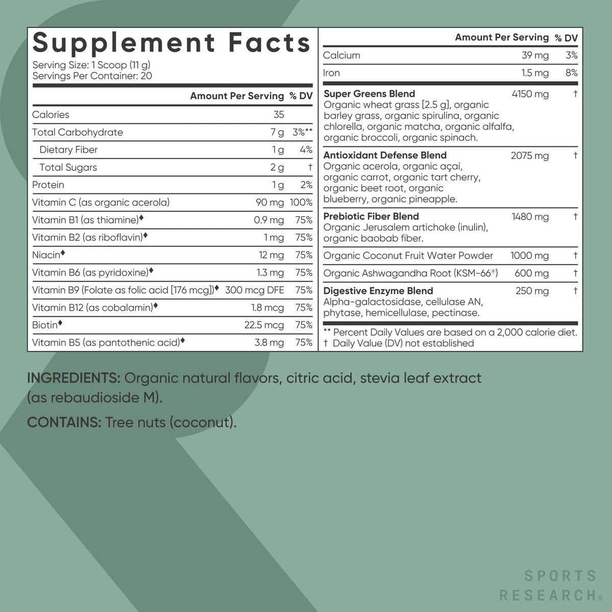 Sports Research Organic Greens powder packaging lifestyle shot with refreshing water