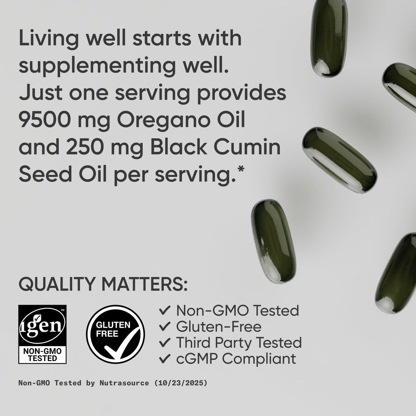 Authentic USA imported Sports Research oregano, black seed, and ginger oil triple blend details.