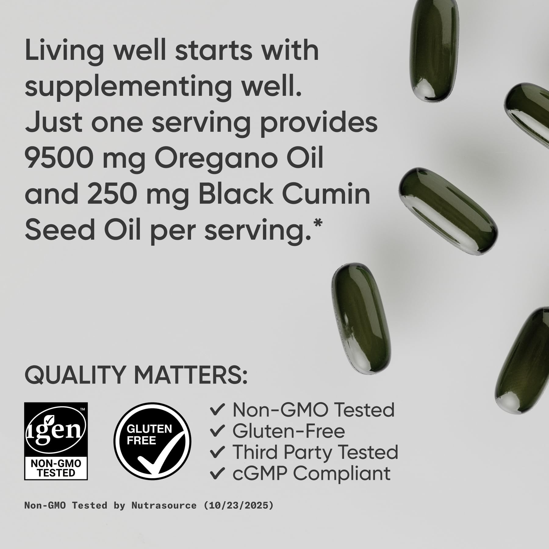 Authentic USA imported Sports Research oregano, black seed, and ginger oil triple blend details.