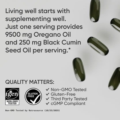 Authentic USA imported Sports Research oregano, black seed, and ginger oil triple blend details.