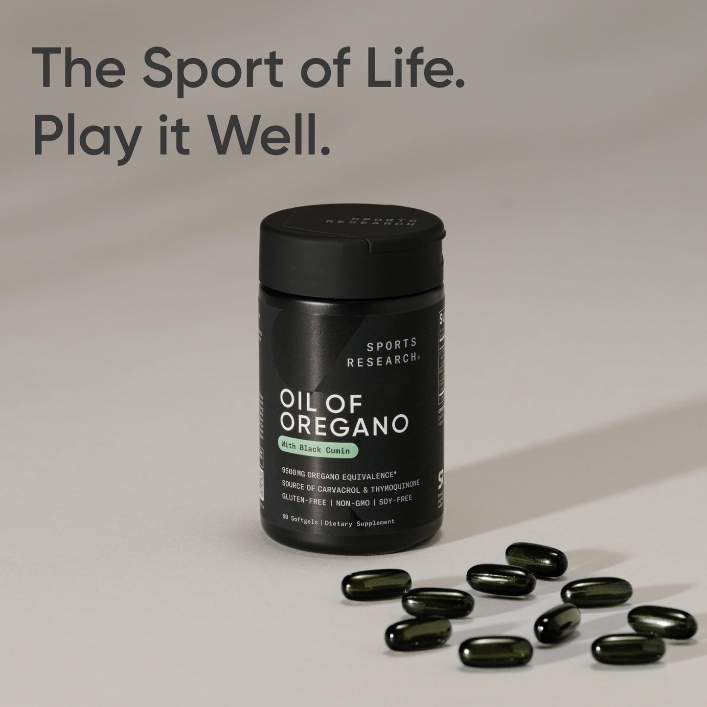 Packaging of Sports Research gluten-free and soy-free oil of oregano wellness product.