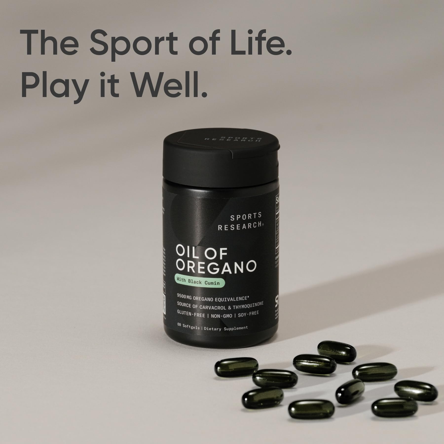 Packaging of Sports Research gluten-free and soy-free oil of oregano wellness product.