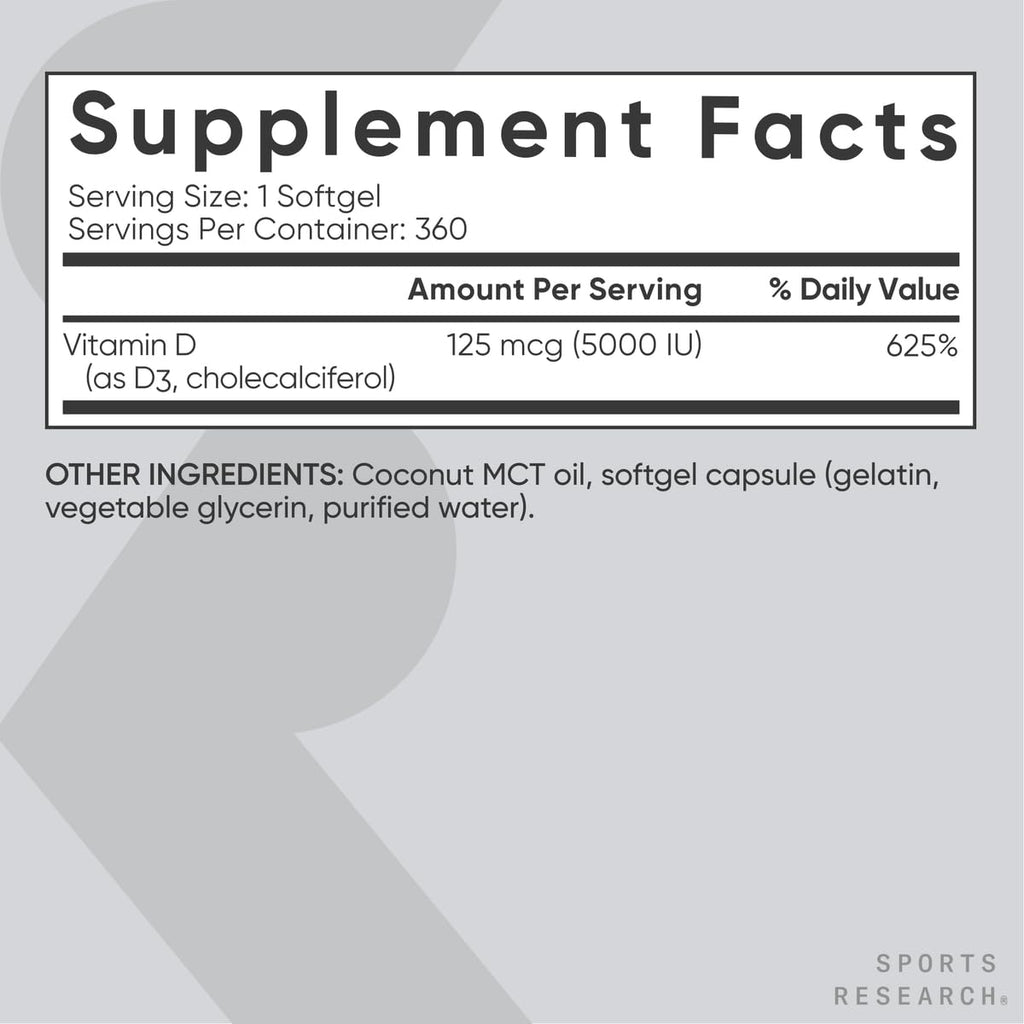 Sports Research Vitamin D3 360 softgels bottle back label