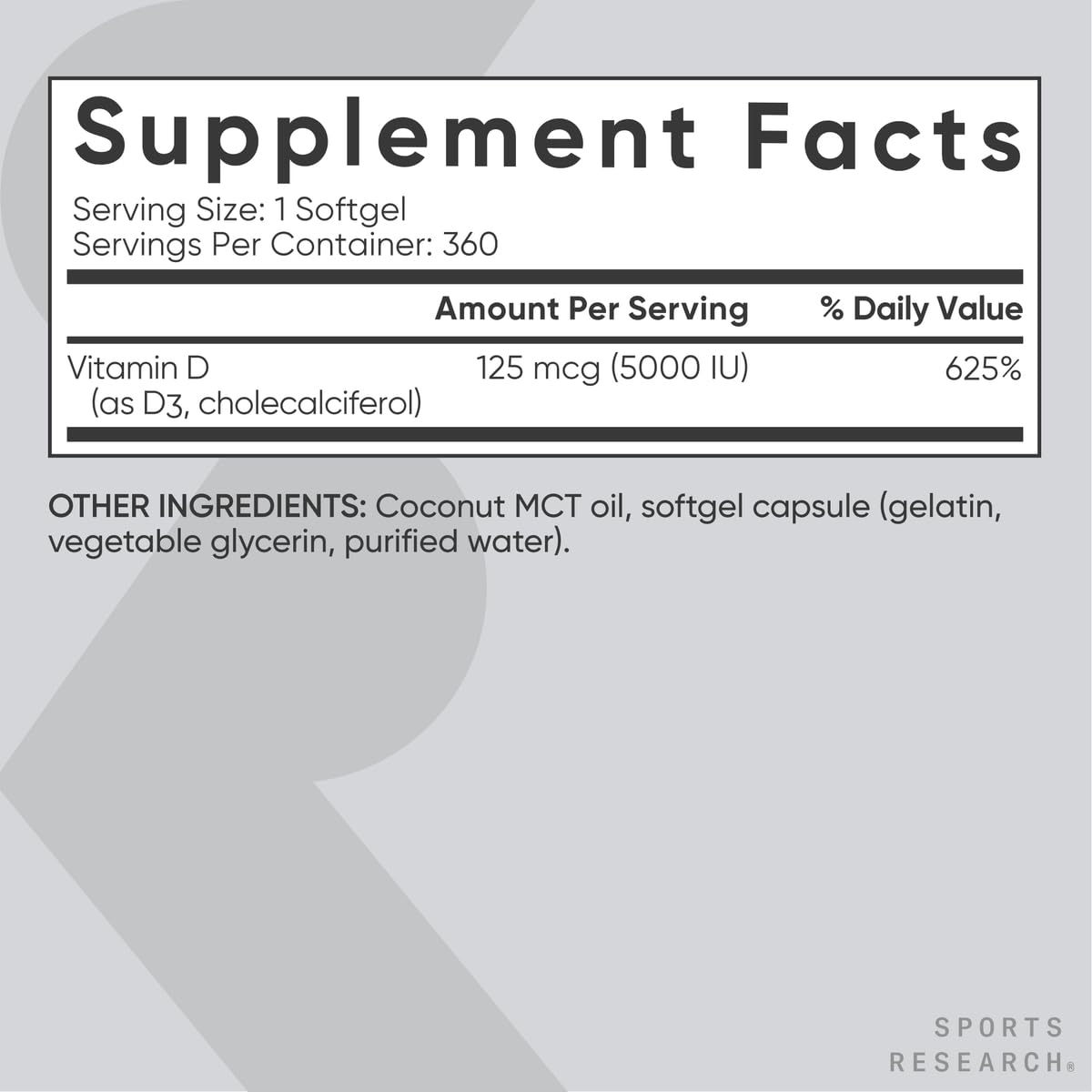 Sports Research Vitamin D3 360 softgels bottle back label