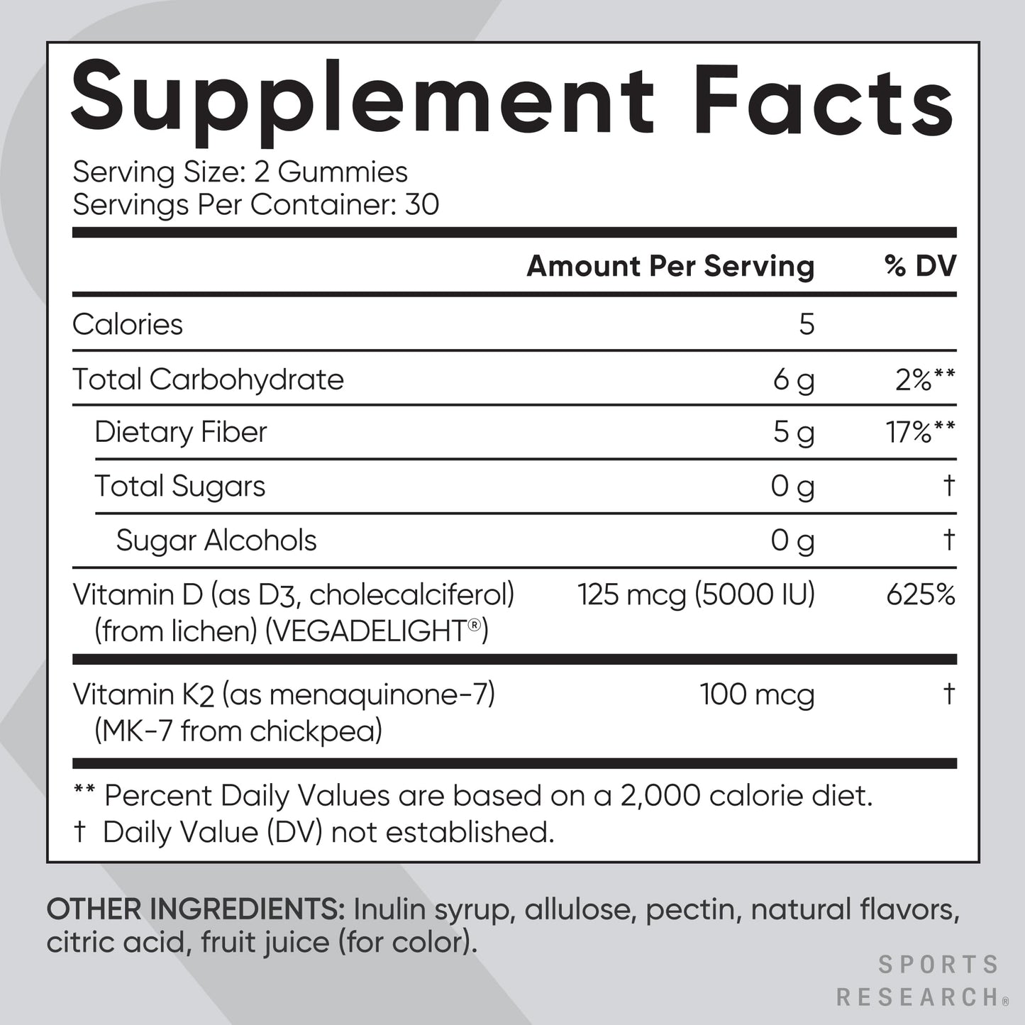 Sports Research bone and immune support gummies highlighting 5000 IU potency formulation.