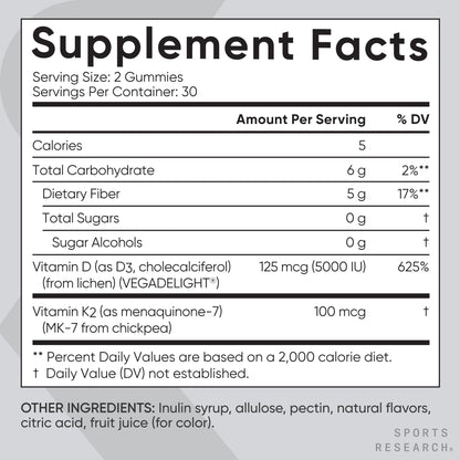 Sports Research bone and immune support gummies highlighting 5000 IU potency formulation.