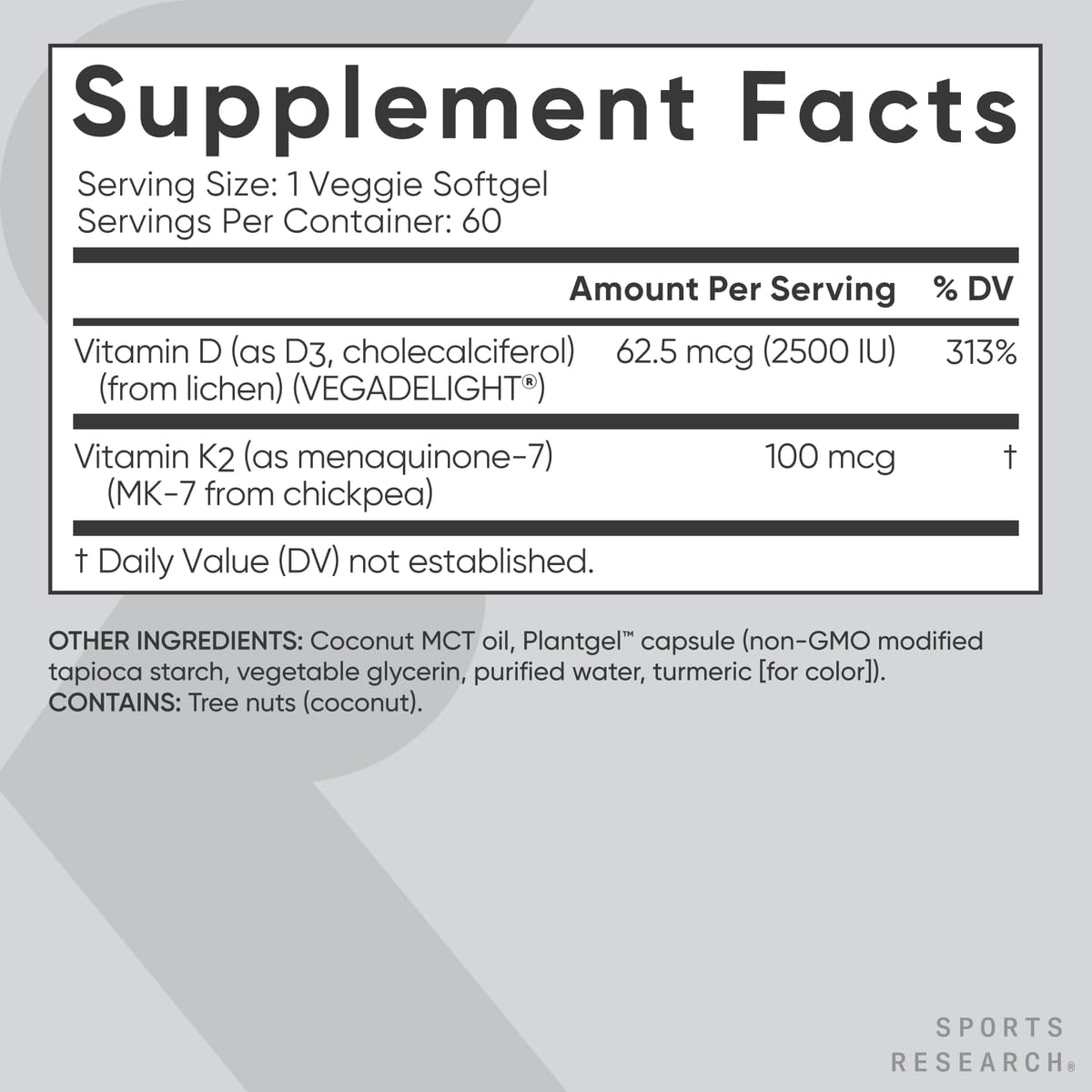 Sports Research Vitamin D3 supplement bottle with coconut MCT oil highlight