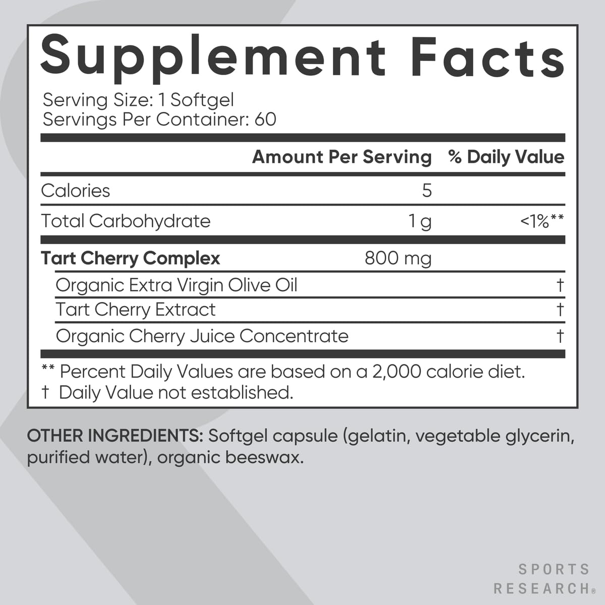 Back of Sports Research Tart Cherry bottle showing supplement facts