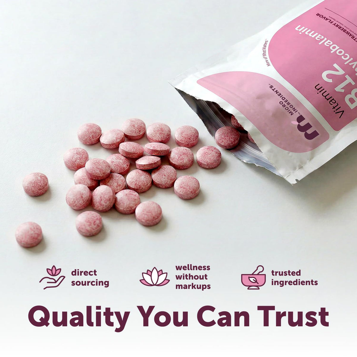 Natural strawberry flavored sugar free Vitamin B12 supplements for energy health