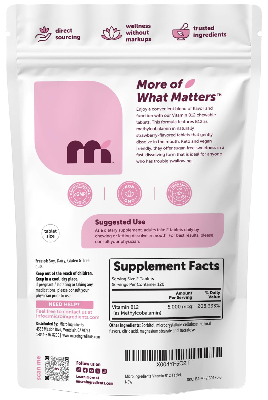 Micro Ingredients Vitamin B12 five thousand micrograms premium active methylcobalamin pouch side profile